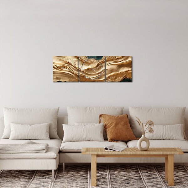 Obraz - Zielona abstrakcja ze złotem II. (z zegarem) (90x30 cm)