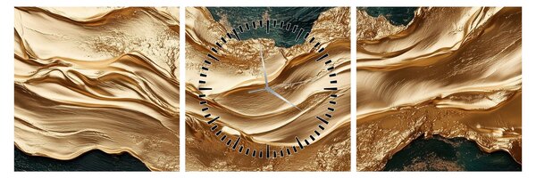 Obraz - Zielona abstrakcja ze złotem II. (z zegarem) (90x30 cm)