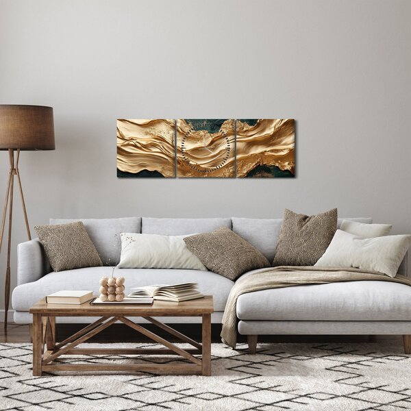 Obraz - Zielona abstrakcja ze złotem II. (z zegarem) (90x30 cm)