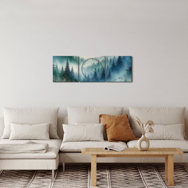 Obraz - Leśny krajobraz z mgłą (z zegarem) (90x30 cm)