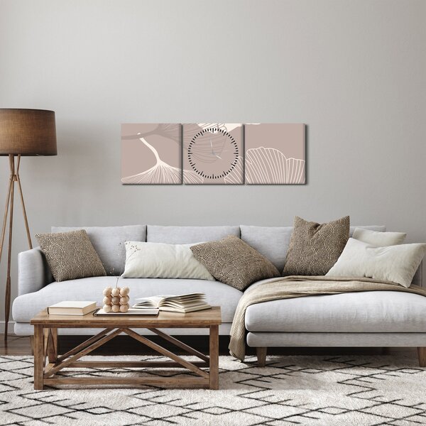 Obraz - Beżowe liście N⁰1 (z zegarem) (90x30 cm)