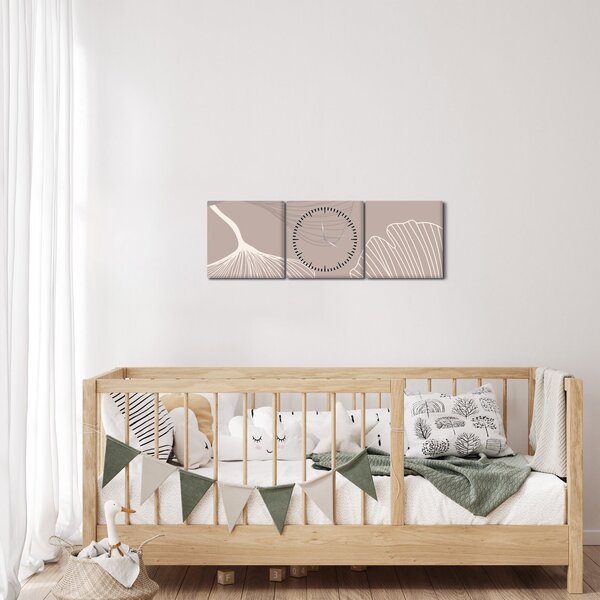 Obraz - Beżowe liście N⁰1 (z zegarem) (90x30 cm)
