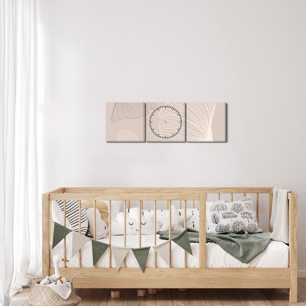 Obraz - Beżowe liście N⁰6 (z zegarem) (90x30 cm)