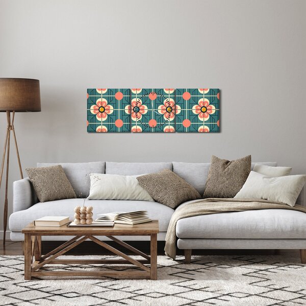Obraz - Retro wzór z kwiatami (z zegarem) (90x30 cm)