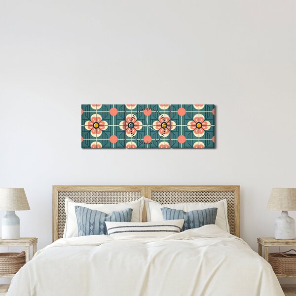 Obraz - Retro wzór z kwiatami (z zegarem) (90x30 cm)