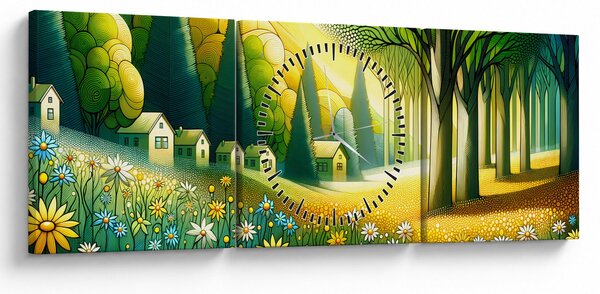 Obraz - Wieś w żółto-zielonym (z zegarem) (90x30 cm)