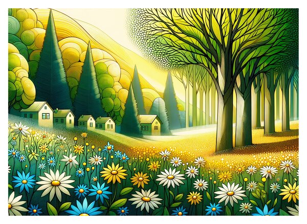 Obraz na szkle - Wieś w żółto-zielonym (70x50 cm)