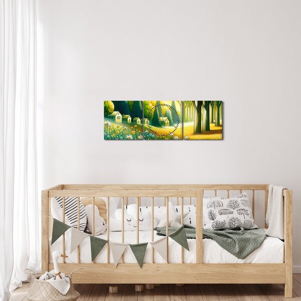 Obraz - Wieś w żółto-zielonym (z zegarem) (90x30 cm)