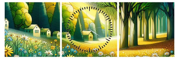 Obraz - Wieś w żółto-zielonym (z zegarem) (90x30 cm)