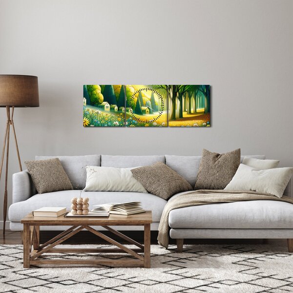 Obraz - Wieś w żółto-zielonym (z zegarem) (90x30 cm)