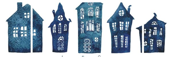 Obraz - Niebieskie domy akwarelowe (170x50 cm)