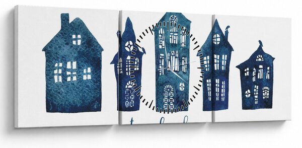 Obraz - Niebieskie domy akwarelowe (z zegarem) (90x30 cm)