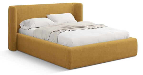 Musztardowe tapicerowane łóżko dwuosobowe ze schowkiem ze stelażem 140x200 cm Jason – Windsor & Co Sofas