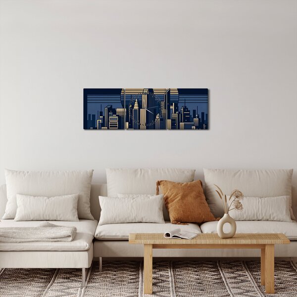 Obraz – Geometryczne miasto (z zegarem) (90x30 cm)