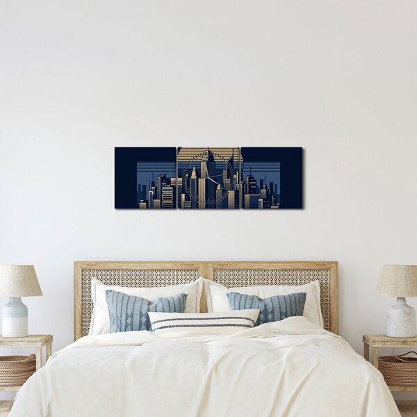 Obraz – Geometryczne miasto (z zegarem) (90x30 cm)