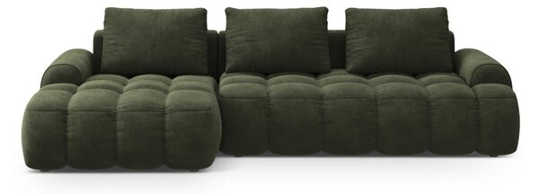 Zielony aksamitny rozkładany/ze schowkiem narożnik (lewostronny/z szezlongiem) Linz – Cosmopolitan Design