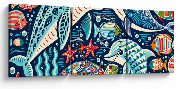 Obraz – Rysowane zwierzęta wodne (z zegarem) (90x30 cm)
