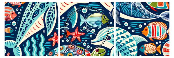Obraz – Rysowane zwierzęta wodne (z zegarem) (90x30 cm)