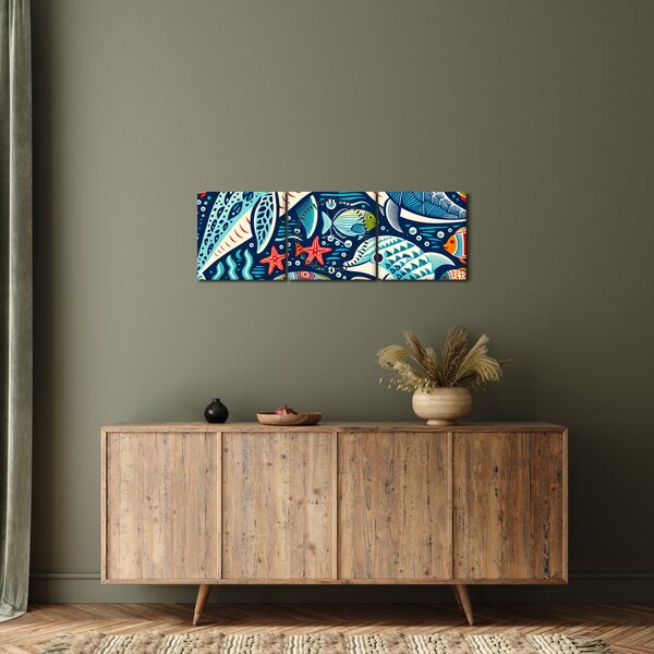Obraz – Rysowane zwierzęta wodne (z zegarem) (90x30 cm)