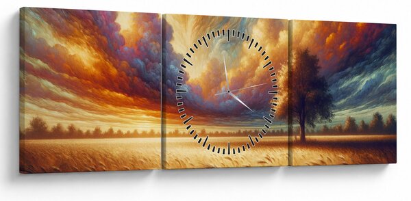Obraz – Drzewo na polu (z zegarem) (90x30 cm)