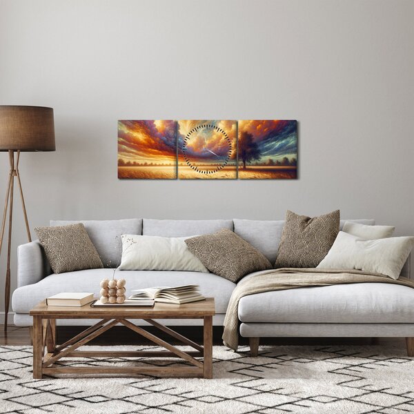 Obraz – Drzewo na polu (z zegarem) (90x30 cm)