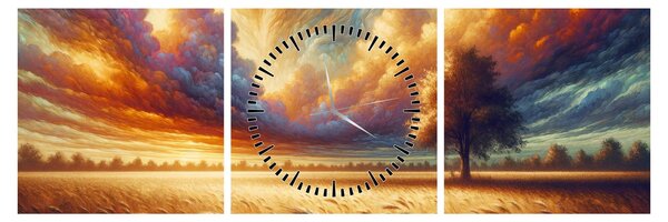 Obraz – Drzewo na polu (z zegarem) (90x30 cm)