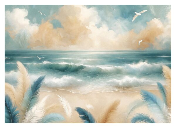 Obraz na szkle – Malowana plaża w delikatnych kolorach (70x50 cm)