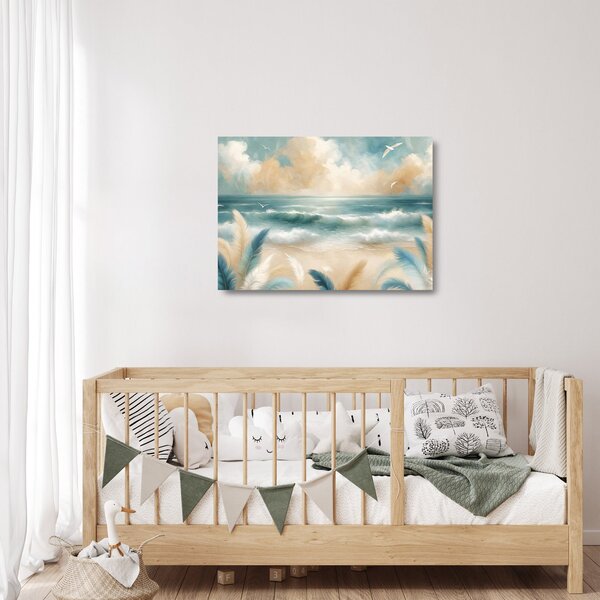 Obraz na szkle – Malowana plaża w delikatnych kolorach (70x50 cm)