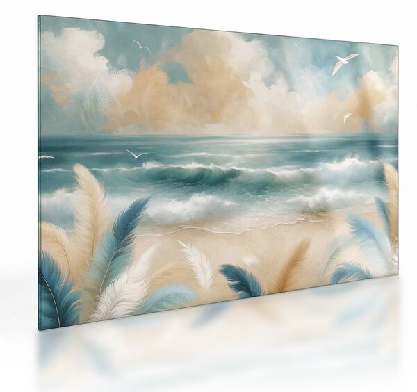Obraz na szkle – Malowana plaża w delikatnych kolorach (70x50 cm)