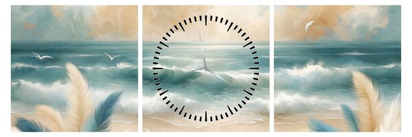 Obraz – Malowana plaża w delikatnych kolorach (z zegarem) (90x30 cm)