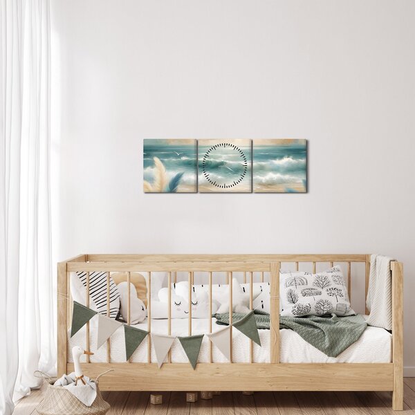Obraz – Malowana plaża w delikatnych kolorach (z zegarem) (90x30 cm)