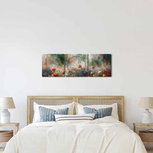 Obraz – Abstrakcja pola z makami (z zegarem) (90x30 cm)