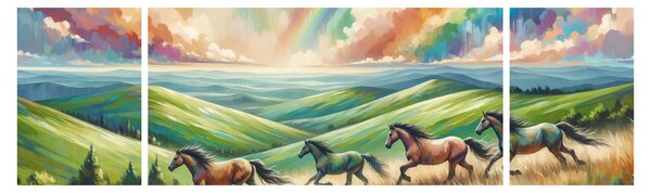 Obraz – Konie galopujące przez krajobraz (170x50 cm)