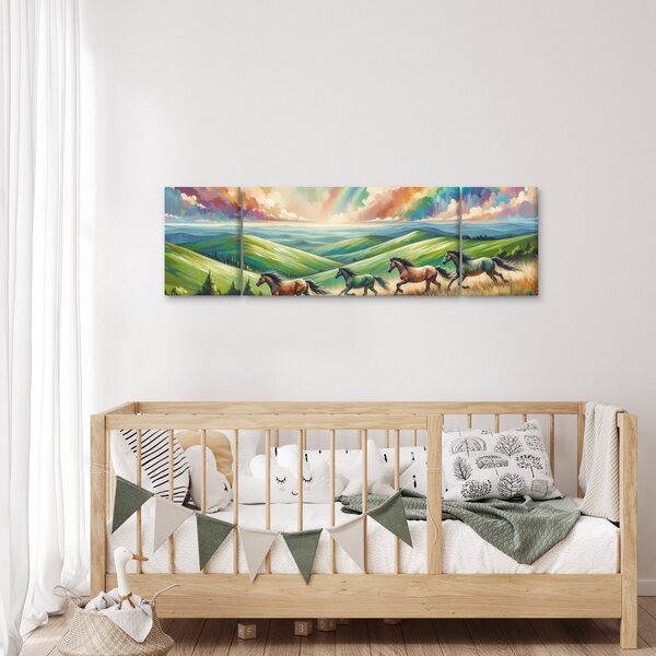 Obraz – Konie galopujące przez krajobraz (170x50 cm)