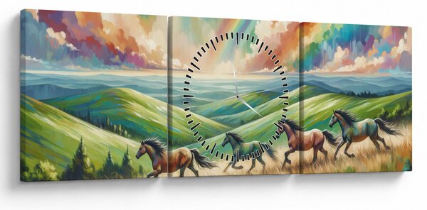 Obraz – Konie galopujące przez krajobraz (z zegarem) (90x30 cm)