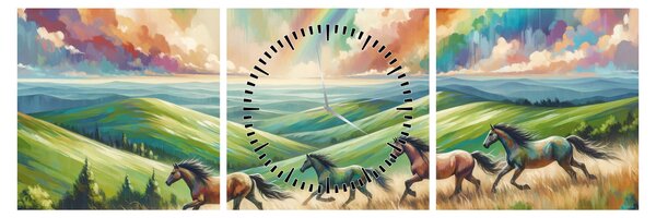 Obraz – Konie galopujące przez krajobraz (z zegarem) (90x30 cm)