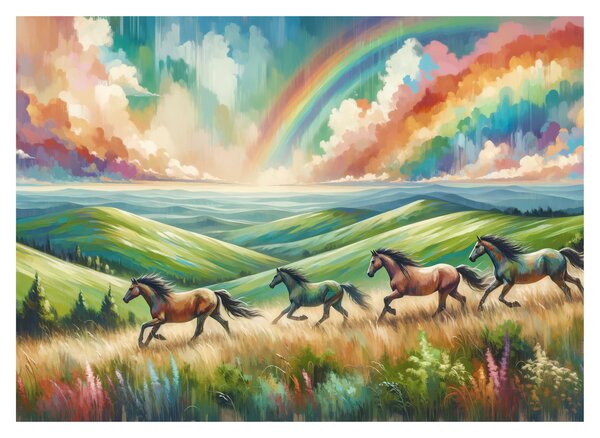 Obraz na szkle – Konie galopujące przez krajobraz (70x50 cm)