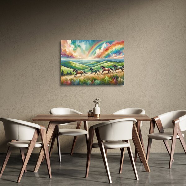 Obraz na szkle – Konie galopujące przez krajobraz (70x50 cm)