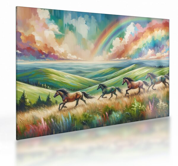 Obraz na szkle – Konie galopujące przez krajobraz (70x50 cm)