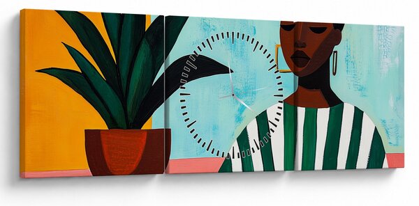 Obraz - Kobieta z kwiatem (z zegarem) (90x30 cm)