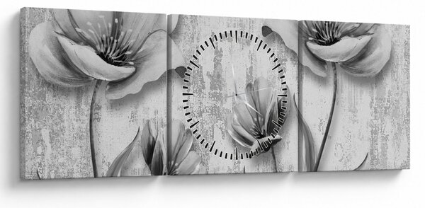 Obraz - Czarno-białe kwiaty na tle (z zegarem) (90x30 cm)