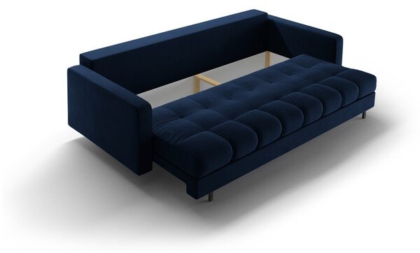 Ciemnoniebieska aksamitna rozkładana sofa ze schowkiem 222 cm Bali – Cosmopolitan Design