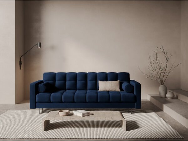 Ciemnoniebieska aksamitna rozkładana sofa ze schowkiem 222 cm Bali – Cosmopolitan Design