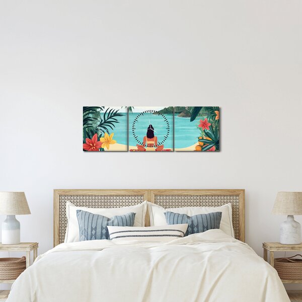 Obraz - Joginka na plaży (z zegarem) (90x30 cm)