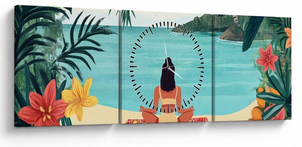 Obraz - Joginka na plaży (z zegarem) (90x30 cm)
