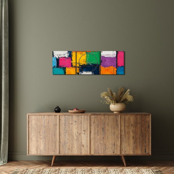 Obraz - Obraz z kolorowymi kwadratami (z zegarem) (90x30 cm)