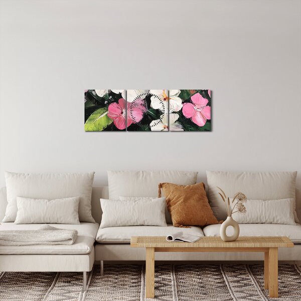 Obraz - Różowe i białe kwiaty (z zegarem) (90x30 cm)