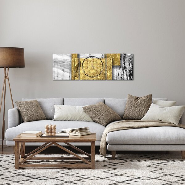 Obraz - Złote kwadraty N⁰1 (z zegarem) (90x30 cm)