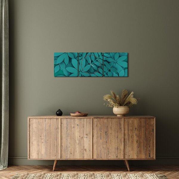 Obraz - Turkusowe liście (z zegarem) (90x30 cm)