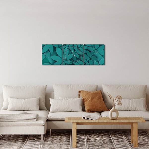 Obraz - Turkusowe liście (z zegarem) (90x30 cm)